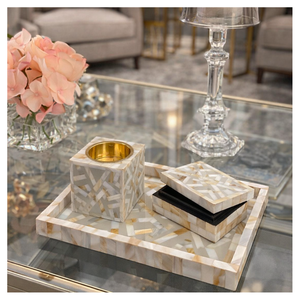Opulent Mother of Pearl Bakhoor Set Handcrafted Wooden Tray with <b>MOP</b> Inlays & Brass Holder Luxury Arabic Fragrance Accessory - Product Image 2