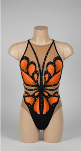 Traje de baño de una pieza para mujer con cuello en V profundo, estampado de mariposas naranjas, pedrería, diseño hueco, cintura alta, de spandex y poliéster - Product Image 1