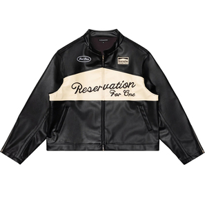 Blouson de motard en cuir pour homme, col montant, en toile, noir et beige, blocs de couleur, fermeture éclair frontale, imperméable, coupe-vent, style sportif streetwear - Product Image 1