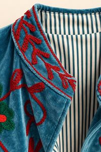 <b>Women's</b> Blue <b>Velvet</b> Embroidered Jacket Boho Stand Collar <b>Coat</b> Floral Zipper Outerwear Trendy <b>Velvet</b> <b>Women</b> Embroidered Jacket - Product Image 3
