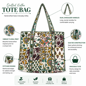 Quilted Kantha Cotton <b>Tote</b> Bag Handmade Printed Shoulder Bag Large Capacity Everyday Utility Summer/Winter Zipper Closure - Product Image 6