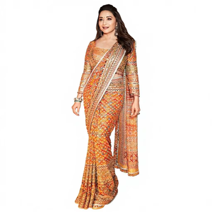 ผ้าไหมชินอนดีไซน์เนอร์สุดพิเศษ พร้อมเสื้อคลุมสุดหรู ทันสมัย สวยงาม โดดเด่น  แบบอินเดีย  สำหรับงานปาร์ตี้  ชุดสตรีที่ดูดีมีสไตล์ - Product Image 1
