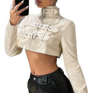 New <b>Women</b> Solid Super Crop Genuine Leather Jacket Breathable Windproof Zipper Long Sleeves Front Buckles for Winter High Street - Product Image 5