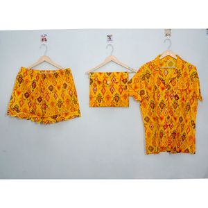 Ensemble de pyjama court pour femmes en coton 100% pur, élégant, classique, imprimé numérique, pour les vacances d'été, avec poches, doux, respirant, écologique - Product Image 1