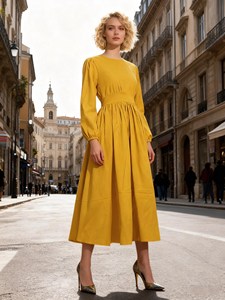 <b>Boho</b> Yellow Cotton <b>Long</b> <b>Dress</b> Women <b>Long</b> Sleeve Crew Neck High Waist Pleated Casual Midi <b>Dress</b> - Product Image 2