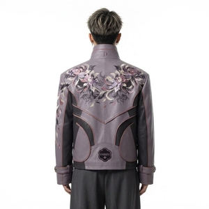 Men Japan Style <b>Real</b> <b>Leather</b> <b>Jacket</b> With Hand Embroidered Floral Pattern Stand Collar Zipper Front - Product Image 2