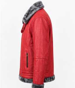 Veste en cuir rouge pour homme Champ King avec doublure en fausse fourrure, col montant, fermeture éclair, style motard, manteau d'hiver épais - Product Image 4