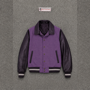 Blouson universitaire PREMIUM violet et noir pour homme, manches en cuir, en laine avec manches et col en cuir PU noir, coupe classique, décontracté, automne - Product Image 5