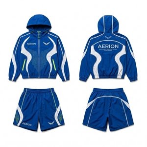 Custom Logo Unisex Hooded Windbreaker Jacket <b>Shorts</b> Set Polyester/Nylon Waterproof <b>Zip</b> Closure Elastic Waist Lightweight Summer - Product Image 1