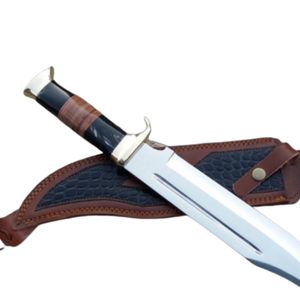 Cuchillo Bowie Hecho a Mano con Hoja Curva de Acero Plateado, Mango Negro Marrón, Guardacuchillo de Latón y Funda de Cuero, Personalizado para Caza y Actividades al Aire Libre - Product Image 4