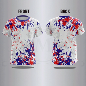 Camiseta de Manga Corta para Hombre, Cuello Redondo, Roja, Azul y Blanca, con Patrón Pintado a Mano, de Secado Rápido, Tejido de Punto, Corte Regular, Estilo Casual - Product Image 1
