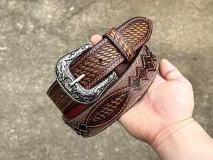 Western Hand Tooled Leather <b>Belt</b> With Silver Alloy Pin Buckle Geometric Pattern Casual Men's <b>Vintage</b> Style | Heavy Duty - Product Image 1
