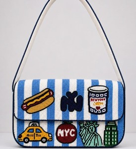 Sac à bandoulière/porté croisé fait main imprimé en typographie avec motif NYC Tax et perles, avec rabat magnétique, pochette de soirée pour femme - Product Image 2