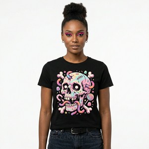 T-shirt graphique tendance pour femme, imprimé squelette couture, en coton noir, style streetwear moderne, vêtements personnalisés, fournisseur en gros - Product Image 3