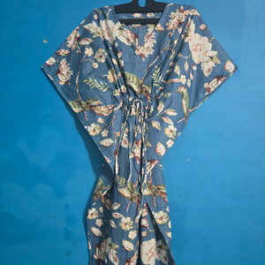 Exclusive Designer Eco-Friendly Cotton Casual Dresses Nighty Gown Sleepwear Maxi Soft Gray Bird Printed Long <b>Kaftan</b> Wholesale - Product Image 1