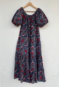 Wholesale Women Navy Floral Cotton Maxi <b>Dress</b> Puff Sleeve Collar Neck Resort Wear <b>Dress</b> - Product Image 4