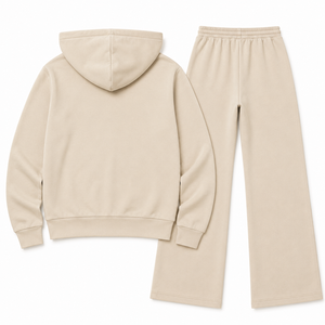 Ensemble de survêtement pour femme avec veste zippée intégrale à logo personnalisé, pantalon de jogging beige à jambes larges, col montant décontracté en polaire, deux pièces, fabrication usine - Product Image 4