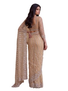 Sari élégant beige en résille avec broderie de perles, séchage rapide, pour mariage et soirée, style Bollywood, coupe classique, longueur ras du sol - Product Image 2