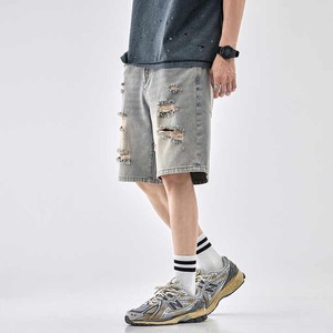 Shorts en jean vintage Y2K respirants et déchirés pour hommes, taille mi-haute, coupe droite, en coton, décontractés, pour l'été, les fêtes et le streetwear - Product Image 5