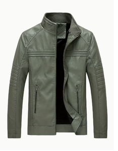 TRIBON SPORTS Men's Olive Green <b>Leather</b> Bomber <b>Jacket</b> Stand Collar Zipper Closure Slim Fit Regular Length Solid Color Breathable - Product Image 1