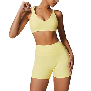 Conjunto de Yoga de 2 Piezas para Mujer, Amarillo, Cintura Alta, Top Corto sin Costuras, Pantalones Cortos Transpirables de Spandex y Poliéster, Ropa Deportiva - Product Image 2