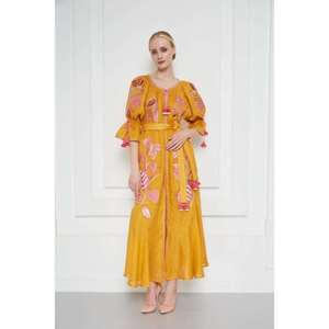 Robe bohème en coton pour femmes, jaune, broderie florale, manches bouffantes, coupe ample, taille à nouer, robe maxi - Product Image 1