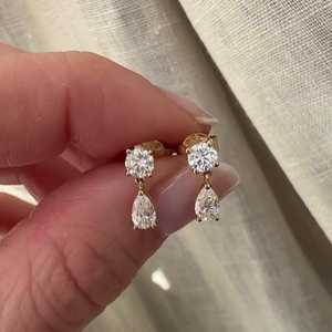 1 Carat Teardrop <b>Dangle</b> Drop Stud <b>Earrings</b> Round Pear Cut 14K Solid Gold Lab Grown <b>Diamond</b> Two Stone Linear Chandelier Wholesale - Product Image 1