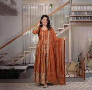 Beautiful Anarkali Suit Set for Brides Diwali Party Wear Slim Fit Traditional Design Silk Gown Pant with Dupatta modest dress - Product Image 1
