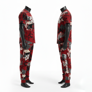 Ensemble de survêtement premium rouge en coton et polyester, t-shirt et pantalon imprimés sur toute la surface, logo personnalisé, pour homme - Product Image 6