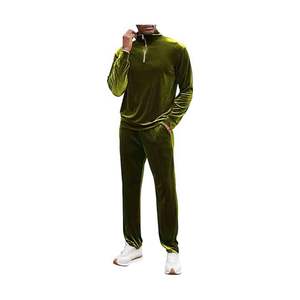 Ensemble de survêtement pour homme en velours, 2 pièces, avec haut à col zippé et pantalon élastique, tenue décontractée d'automne - Product Image 1
