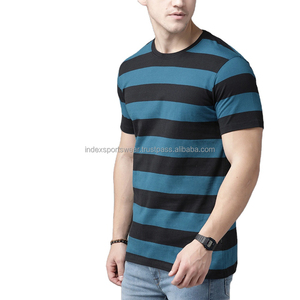 Camiseta de Manga Corta a Rayas para Hombre, Cuello Redondo, Corte Regular, Tejida, Informal, Azul y Negra, con Estampado - Product Image 2
