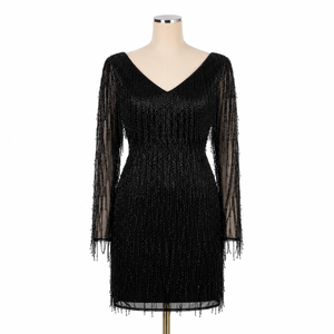 Luxury Black Beaded Fringe Cocktail Dress for Women | Elegant Long Sleeve Party Mini Dress Designer Evening Clubwear Glamorous - Product Image 1