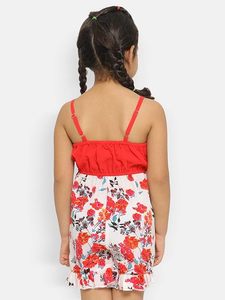Combinaison simple à imprimé floral pour filles, haut rouge, bas blanc, bretelles spaghetti, sans manches, col carré, short en coton imprimé respirant - Product Image 2