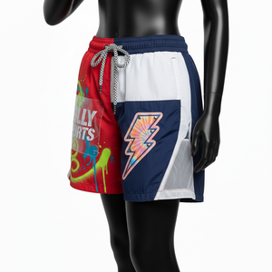 Shorts cortavientos de poliéster taslan premium de 135 GSM, rojo, azul marino, con paneles blancos, estampado de grafiti por sublimación, logotipo personalizado, shorts para mujer - Product Image 2