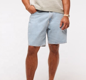 Shorts Bermuda en jean bleu clair pour homme, taille haute, fermeture boutonnée, couleur unie, décontracté, en coton tissé lavé, respirant - Product Image 6