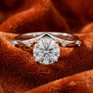 Round Brilliant Chevron <b>Solitaire</b> with Accent Band – Sterling <b>Silver</b> Wishbone Engagement <b>Ring</b> Minimalist <b>Silver</b> V-Shaped Round - Product Image 1