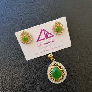 Fashion Jewelry Set Oval Green Stone Studded Gold Polished AD Pendant - Product Image 1