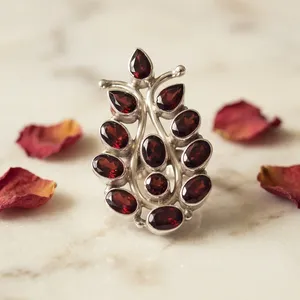 Red Garnet 925 Sterling <b>Silver</b> Handmade <b>Statement</b> <b>Ring</b> Cluster Design Oval Stone Gemstone Jewelry Vintage Boho Cocktail <b>Ring</b> - Product Image 2