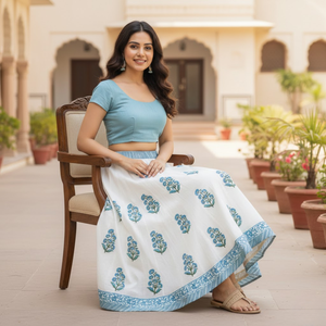 กระโปรงผ้าฝ้าย 36 คามีลี งานฝีมือพิมพ์ลายด้วยมือสำหรับผู้หญิง ทรงบานยาว พร้อมซับในลายดอกแอสเตอร์ แต่งขอบด้วยผ้าตัดเย็บแบบต่างสี ดีไซน์แบบเดรส - Product Image 4