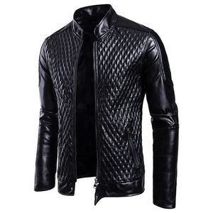 Men's 100% Polyester Thick Leather Jacket Stand Collar <b>Covered</b> <b>Button</b> Patchwork Design Windproof Breathable Cotton Filled High - Product Image 1
