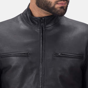 Blouson de motard en cuir noir mat OEM pour homme, style décontracté, col montant, fermeture éclair, coupe-vent, respirant, écologique - Product Image 3