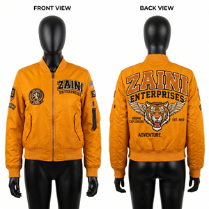 เสื้อแจ็คเก็ตบอมเบอร์กันลมสำหรับผู้หญิง ผ้าโพลีเอสเตอร์ทวิลล์พรีเมียม 240 GSM สีมัสตาร์ดโกลด์ ปักโลโก้ด้วยไหมเชนีลแบบกำหนดเอง - Product Image 1