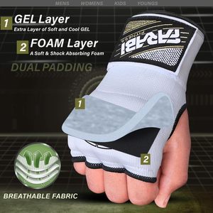 Gants intérieurs en gel de haute qualité avec logo personnalisé pour adultes, MMA, Muay Thai, boxe, activités de plein air, demi-doigts, en tissu polyester, avec fermeture auto-agrippante - Product Image 2