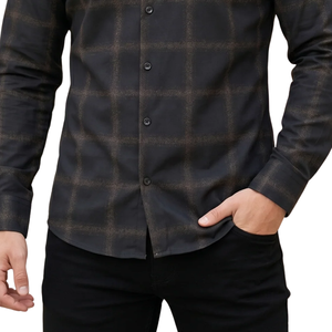 Camisa de Franela a Cuadros Negra para Hombre, Manga Larga, con Botones, Estilo Casual, Tela Suave Cepillada, Moda Urbana - Product Image 5