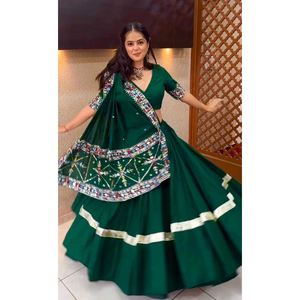 Attractive Silk Plain Sequined Work Lehenga Choli with Dupatta Green - Product Image 1