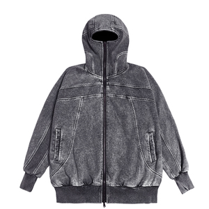 Veste en jean à capuche oversize pour homme, en coton délavé, style streetwear décontracté, couleur unie, coupe classique, manches longues, pour l'automne - Product Image 1