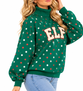 Sudadera de Cuello Alto para Mujer de Alta Calidad, Color Crema, con Estampado de Duende Verde y Apliques de Puntos Verdes, Corte Holgado - Product Image 3