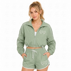 Women's 2 Piece Tracksuit Set Sage Green Zip Up Cropped Windbreaker Jacket and <b>Shorts</b> with Side Stripes - Product Image 1