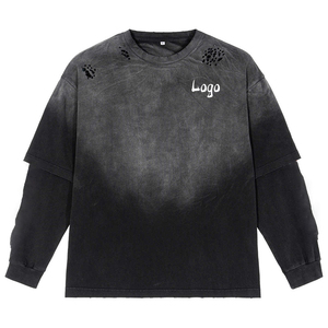 เสื้อยืดแขนยาวผู้ชายคุณภาพสูง ออกแบบโลโก้ได้ตามต้องการ สไตล์วินเทจ ขาดๆ แบบดิสเทรส ซักย้อมสีแบบ Stone Acid Wash ผ้าสองชั้น - Product Image 1