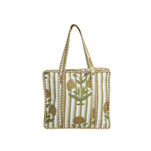 Bohemian Printed Cotton Tote <b>Bag</b> Striped Floral Pattern Zipper Top Eco-Friendly Washable Durable Lightweight Quilted Design - Product Image 1